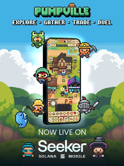 A promotional graphic for 'Pumpville' on Seeker Solana Mobile, featuring pixel art characters and a town scene displayed on a smartphone screen with the tagline 'Explore, Gather, Trade, Duel'.