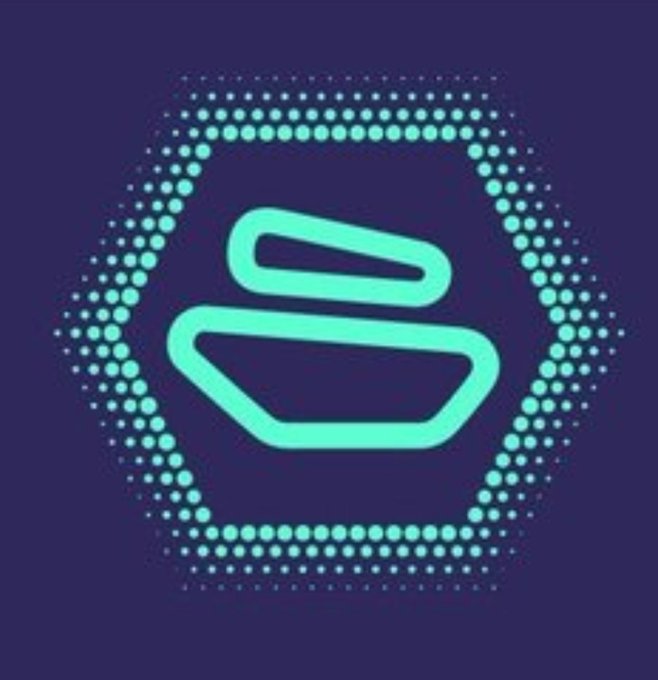 A minimalist digital logo featuring a teal hexagonal frame made of dots surrounding a stylized 'S' shape on a dark purple background.
