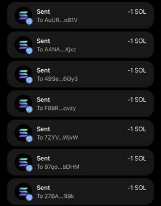 The image shows a series of Solana (SOL) transaction records, each displaying "Sent -1 SOL" to different wallet addresses (e.g., "To AuUR...oB1V," "To A4NA...XJxz," "To 49Se...6Gy3," etc.), serving as proof of the giveaway. This aligns with the post's claim of distributing 1 SOL to 10 recipients, as the image documents 7 of the 10 required transfers, likely to be completed before the 48-hour drawing deadline.
