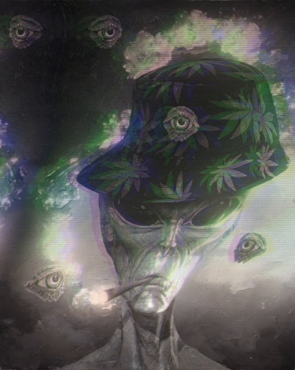 The image features a green alien with large eyes, wearing a hat that has a marijuana leaf design. The alien appears to be smoking a cigarette while looking at the camera. The caption of the image reads "The visit 5 LIMITED EDITIONS XTZ".