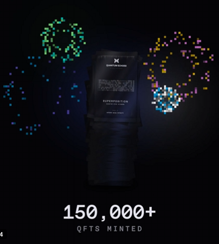 Promotional graphic for 'Quantum Kickers' (QFTS) showing a pair of shoes with pixel art icons and text '150,000+ QFTS MINTED'.