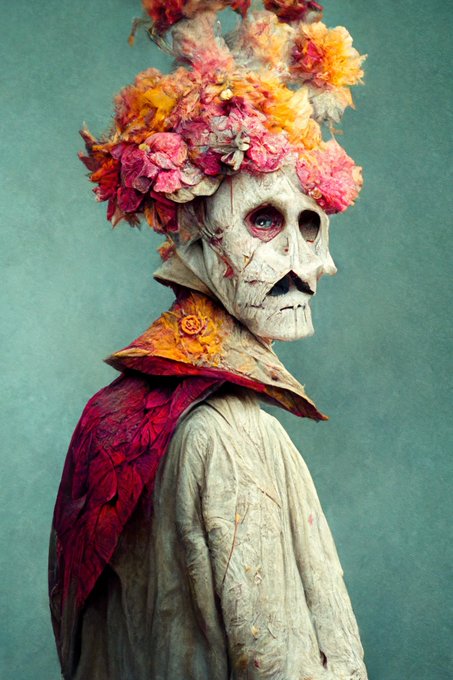 A striking portrait shows a figure wearing an ornate skull mask adorned with a crown of vibrant pink, orange, and yellow flowers, dressed in a textured garment with a deep red floral collar.