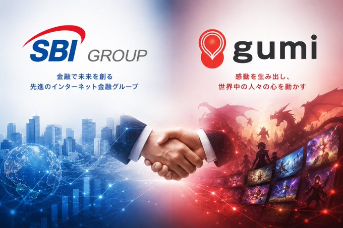 A handshake between SBI GROUP and gumi, with the SBI logo and tagline "金融で未来を創る 先進のインターネット金融グループ" on the left, and the gumi logo with tagline "感動を生み出し、世界中の人々の心を動かす" on the right, visually representing their partnership in launching the SBI Crypto Fund I.