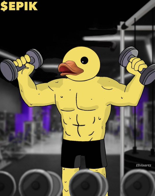 A cartoon illustration of a muscular yellow duck lifting dumbbells in a gym, with text '$EPIK' in the top left and 'Elvisartz' in the bottom right.