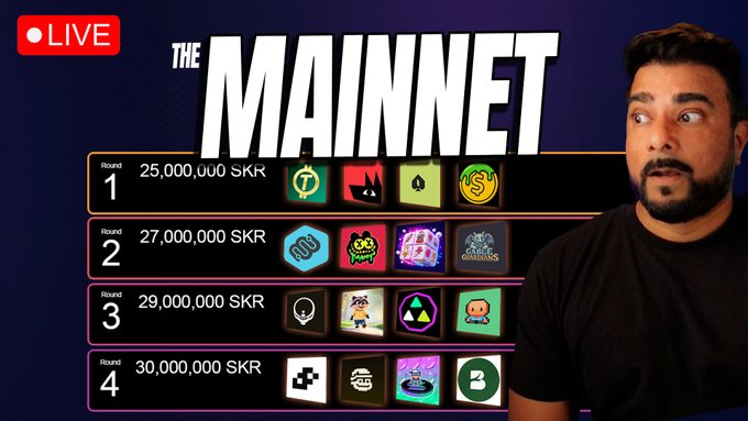 A live YouTube thumbnail shows a man reacting to "The Mainnet" event, displaying four rounds of $SKR token distributions totaling 111,000,000 SKR (25M, 27M, 29M, and 30M SKR respectively), with the host preparing to do round 4 claims live at 5:30 PM UTC (1:30 PM EST).