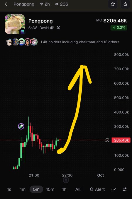A cryptocurrency trading chart for 'Pongpong' showing a market cap of $205.46K with a 2.2% increase, displaying a 5-minute candlestick graph with 1.4K holders, and a large hand-drawn yellow arrow pointing upward toward $700k.