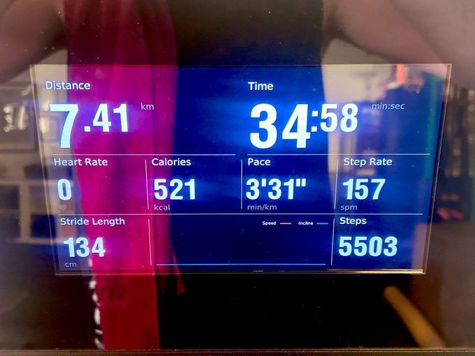 A digital fitness display shows workout statistics, including a distance of 7.41 km, a time of 34:58, 521 kcal burned, and 5,503 steps.