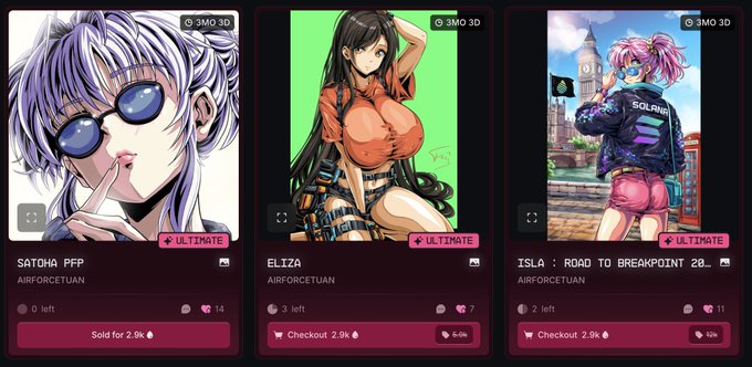 A screenshot of a digital collectibles marketplace showing three character cards: 'SATOH_PFP' (Airforcetuan), 'ELIZA' (Airforcetuan), and 'ISLA: ROAD TO BREAKPOINT 20..' (Airforcetuan), each marked 'ULTIMATE' with sale and checkout prices.