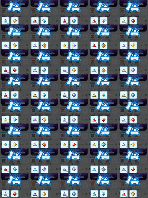 The image features a grid of small squares, each containing an icon or logo related to a video game. The icons include a blue car, a blue triangle, and a blue diamond. The square arrangement of these icons creates a visually appealing pattern across the entire image. The text "P国 Lv.5 x40箱 5月に開封分 @kurobuta_coin #stepn" is also present in the image, which may be related to the game or its theme.