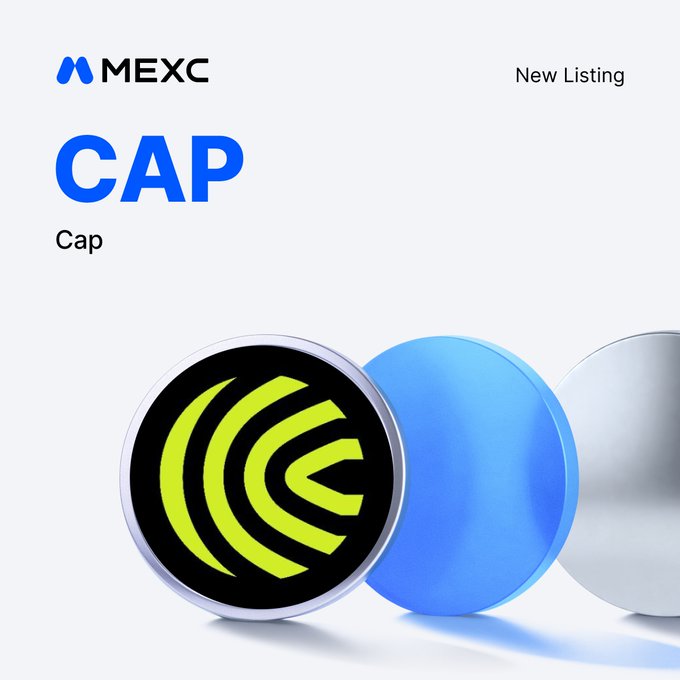A MEXC exchange promotional graphic announcing the new listing of $CAP (Cap), featuring the MEXC logo, "New Listing" text, and 3D coin renderings of the Cap token logo. The image corresponds to the post's announcement of $CAP/USDT trading launching on June 26, 2026.