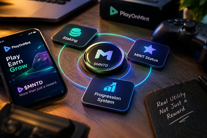 A promotional graphic for 'PlayOnMint' featuring a smartphone displaying 'Play Earn Grow' alongside icons for 'Staking', 'MINT Status', and 'Progression System' with a note saying 'Real Utility Not Just a Reward'.