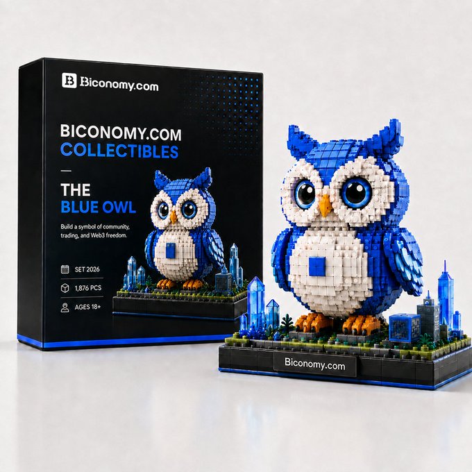 A "Biconomy.com Collectibles" box set titled "The Blue Owl" (Set 2026, 1,876 pieces, Ages 18+) sits beside its assembled blue-and-white owl brick figure, which rests on a base featuring miniature city skylines and a "Biconomy.com" plaque—mirroring the post's theme of builders creating Web3 futures one piece at a time.
