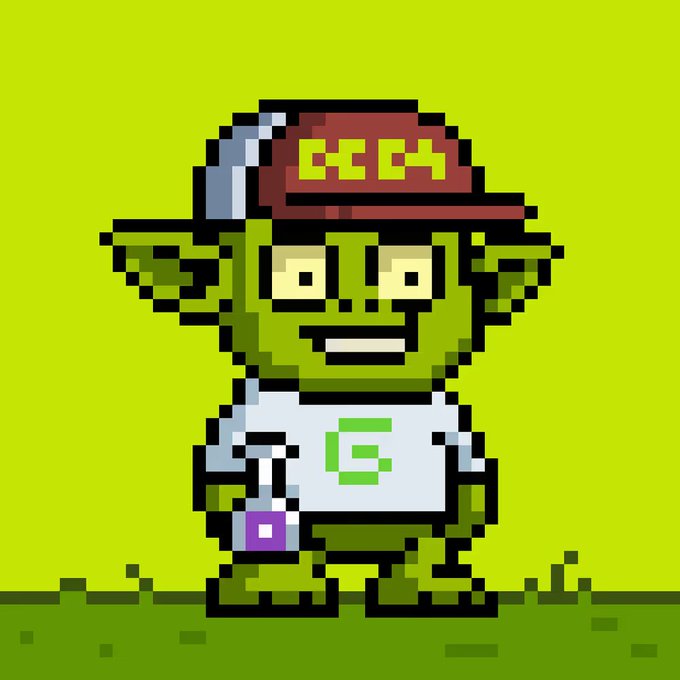 Pixel art of a green-skinned character wearing a red cap, white shirt with a 'G' logo, and holding a purple object against a green background.