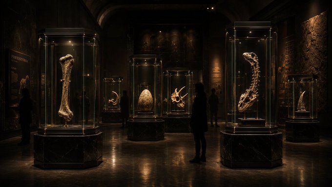 The image shows a museum exhibit featuring various fossilized bones and artifacts, including dinosaur bones and other ancient objects. A person can be seen standing next to one of these exhibits, likely admiring or studying the displayed items. The museum appears to have an online presence, as indicated by the presence of a website in the image.