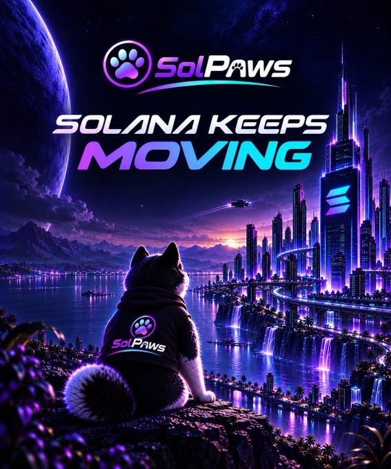 A promotional graphic featuring a cat wearing a 'SolPaws' hoodie overlooking a futuristic neon cityscape, with text reading 'SolPaws', 'SOLANA KEEPS MOVING' and a Solana logo