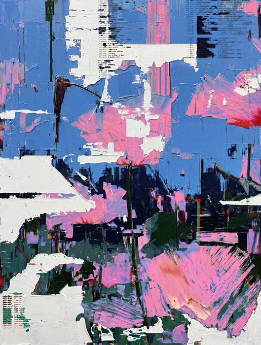 A textured abstract artwork featuring thick, impasto brushstrokes in pink, blue, white, and dark green, with layered collaged elements resembling torn paper or printed text creating a glitchy, deconstructed floral effect that evokes fragmented petals emerging from a digital distortion.