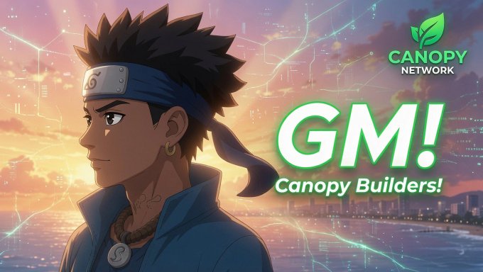 An anime-style graphic featuring a young man with spiky hair and a blue headband in profile, alongside the 'Canopy Network' logo and large green text reading 'GM! Canopy Builders!' against a sunset cityscape.