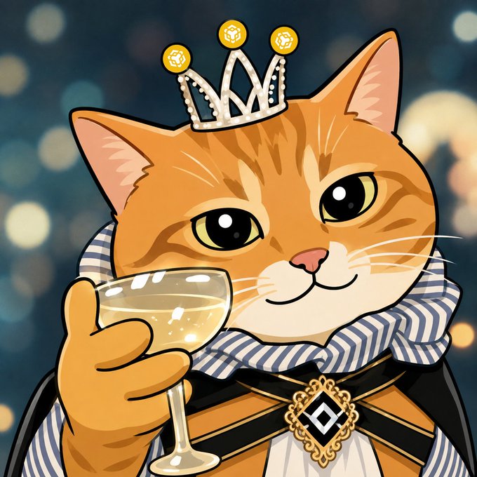An illustration of an orange tabby cat wearing a crown and a striped collar, holding a coupe glass, with a Binance logo brooch on its chest.