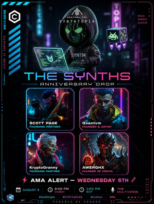 Promotional poster for 'THE SYNTHS ANNIVERSARY DROP' featuring four contributors: SCOTT PAGE (Founding Partner), Qvantvm (Founder & Artist), KryptoGranny (Founding Partner), and AWERGHX (Founder of CROVIA), with an AMA alert for Wednesday August 5th.