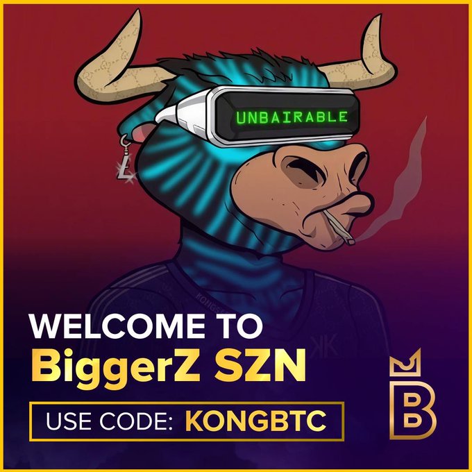 A stylized blue bull mascot with horns wears VR-style goggles displaying "UNBAIRABLE" and has a cigarette in its mouth, set against a red gradient background. The promotional graphic reads "WELCOME TO BiggerZ SZN" with a discount code "KONGBTC" and a stylized "B" logo, advertising the BiggerZ gambling platform's 150% deposit match and 100 free spins offer referenced in the post.