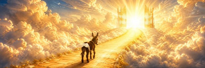 A donkey walks along a golden path through the clouds toward radiant pearly gates, evoking the biblical "straight and narrow" road to heaven—a fitting banner for the Solana meme token $HeeHaw.