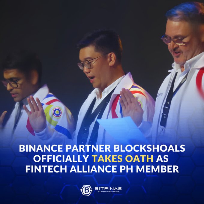 Three men in formal attire take an oath with their right hands raised; text reads 'BINANCE PARTNER BLOCKSHOALS OFFICIALLY TAKES OATH AS FINTECH ALLIANCE PH MEMBER' by BitPinas.