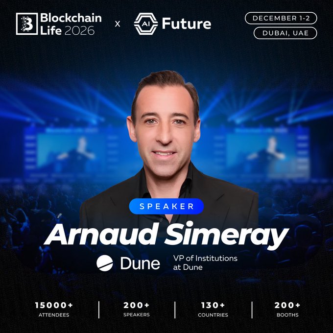 Promotional graphic for 'Blockchain Life 2026 x AI Future' conference in Dubai, UAE on December 1-2, featuring speaker Arnaud Simerey, VP of Institutions at Dune, with 15,000+ attendees, 200+ speakers, 130+ countries, and 200+ booths.