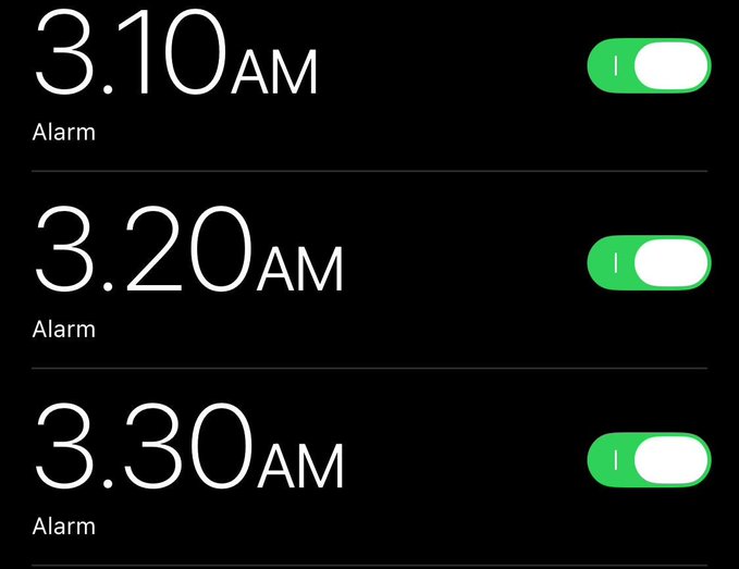 A smartphone screen showing three active alarms set for 3:10 AM, 3:20 AM, and 3:30 AM, all toggled on.