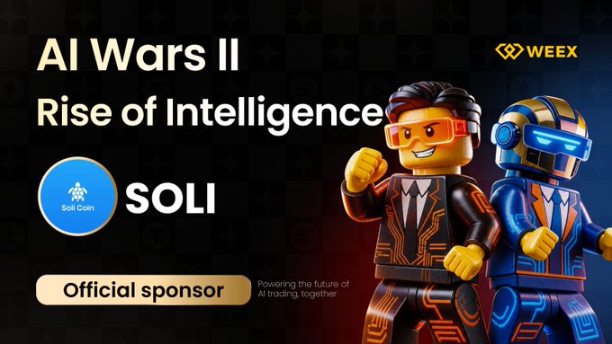 Promotional graphic for "AI Wars II: Rise of Intelligence" announcing SOLI (Soli Coin) as an official sponsor of the WEEX hackathon, featuring two LEGO-style characters—one in an orange tech-patterned suit with red sunglasses and another in a blue robotic suit—alongside the tagline "Powering the future of AI trading, together."