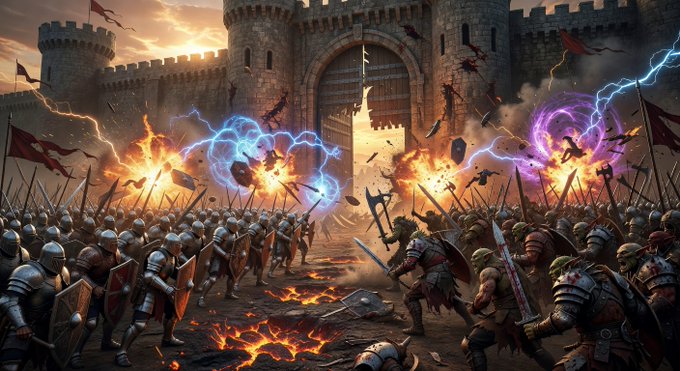 A fantasy battle scene showing armored knights and green orcs fighting at a castle gate, with warriors being launched into the air by fiery explosions and purple/blue magical lightning.