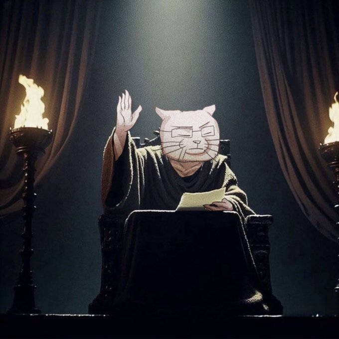A cat meme character wearing glasses and a robe sits on a throne, holding a document and raising a hand next to a torch. This image plays on the $CATJAK ticker's meme origins.