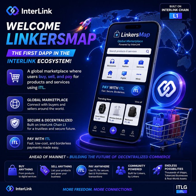 The image is an advertisement for a new app named LinkersMap that was created by Interlink. The app allows users to connect with a global marketplace, where they can buy or sell products, pay with ITL or other cryptocurrencies such as Bitcoin, and use services like banking and payment methods in countries around the world. The post promotes this app as the "first dApp in the InterLink ecosystem," which means it is a new software solution that helps users to connect with global markets efficiently using blockchain technology.