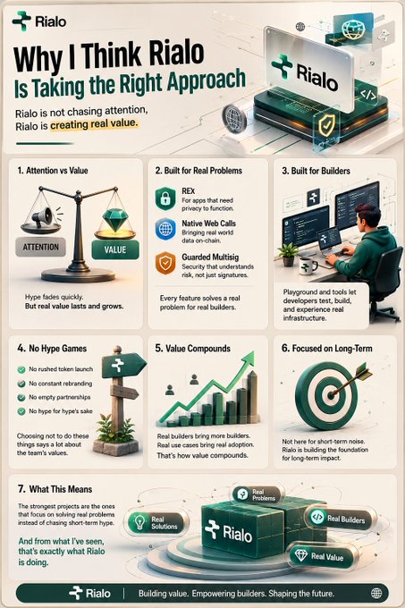 The image focuses on a graphic representation of a cryptocurrency development process chart designed by @RialoHQ. The chart details several aspects involved in creating a new project, including identifying problems that need to be fixed or improving existing ones, focusing on real value creation, building relationships with customers and partners, and ensuring the project's success through execution of the right approach.