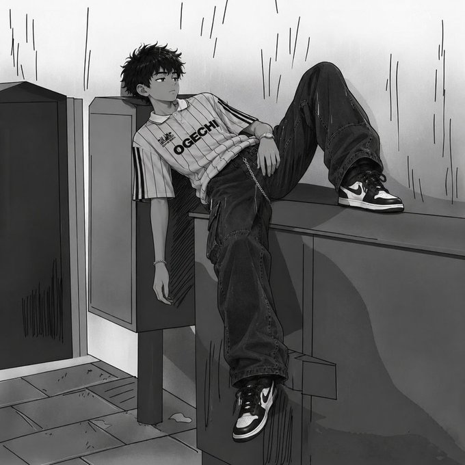 A black and white illustration of a young man wearing a striped 'OGECHI' shirt, dark pants, and Nike sneakers, reclining casually on a counter or ledge.