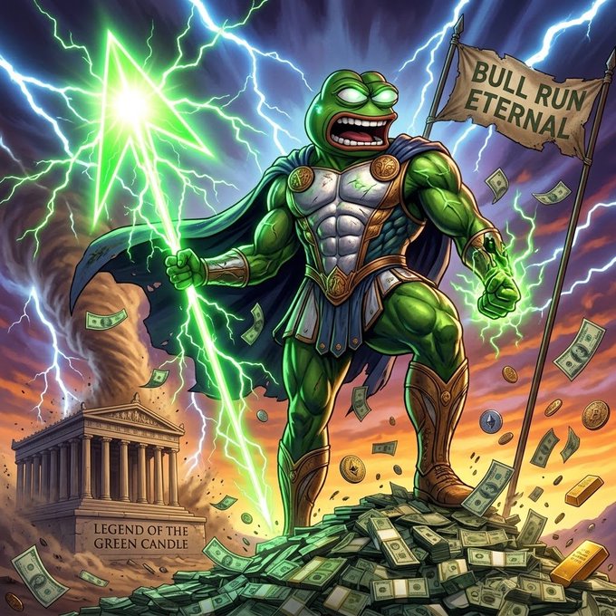 A satirical digital artwork of a green, muscular frog character in armor wielding a green lightning staff, holding a "BULL RUN ETERNAL" flag, standing on a pile of cash next to a "LEGEND OF THE GREEN CANDLE" monument.
