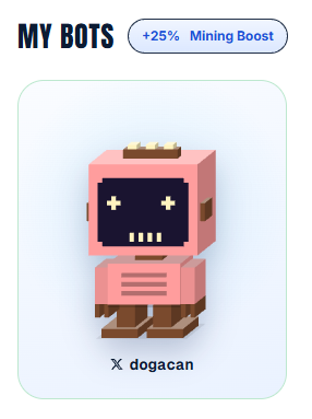 A “MY BOTS” card displays a pixel-art robot labeled “dogacan” with a “+25% Mining Boost” badge. It illustrates the bot minted in the accompanying post “Minted my bots @conso_xyz.”