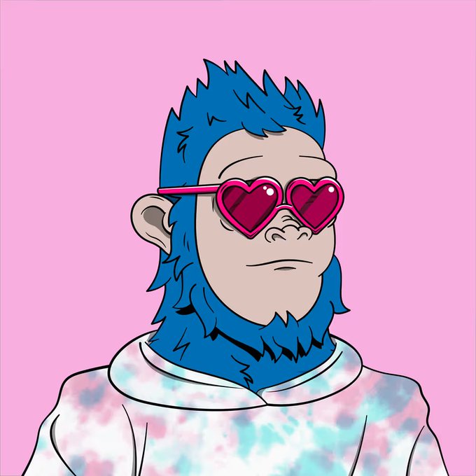 A digital illustration of a blue-furred primate-like character wearing pink heart-shaped sunglasses and a tie-dye hoodie against a pink background.