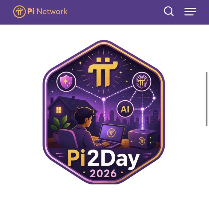 A promotional graphic from Pi Network for Pi2Day 2026, featuring a hexagonal badge with a person at a laptop, the Pi logo, AI references, and a home illustration.