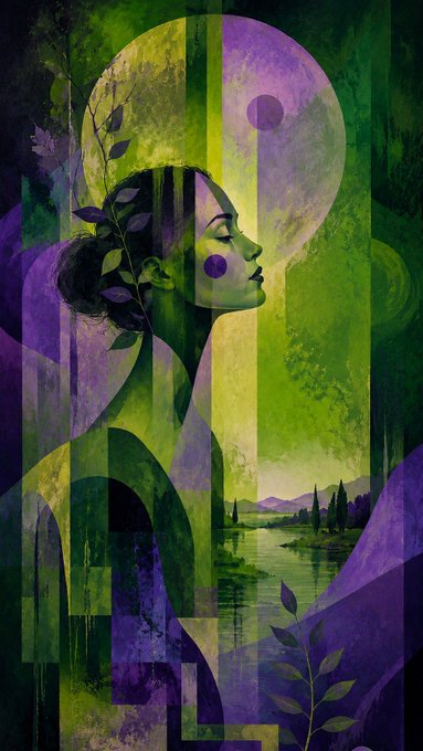 An artistic digital painting of a woman in profile with closed eyes and dark hair adorned with leaves, set against a backdrop featuring a large moon and landscape in shades of purple and green, with geometric art deco elements.