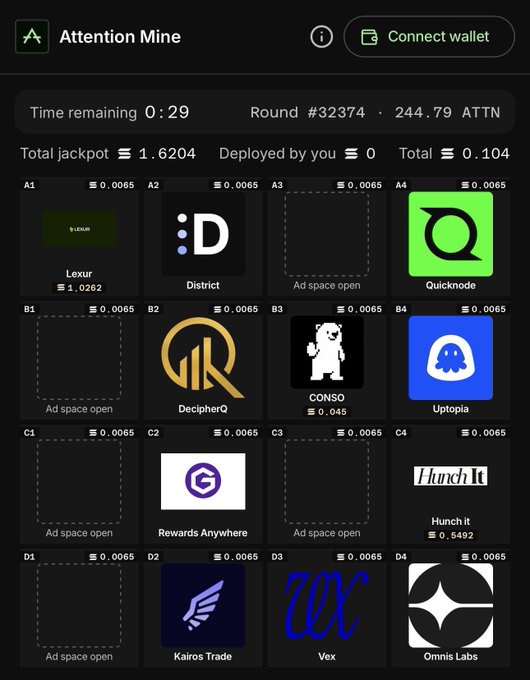 The image shows "Attention Mine," a digital auction board with a 29-second timer remaining in Round #32374, displaying a 4x4 grid of branded ad spaces bidding at 0.0065 ATTN each, with a total jackpot of 1.6204 ATTN. Prominently featured in the B3 slot is "CONSO" with a bid of 0.045, supporting the post's request to spot CONSO among the listed brands.