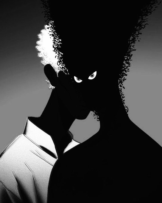 A black and white anime-style illustration of a character in silhouette with glowing eyes and a white collared garment.