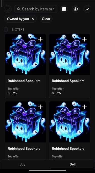 A mobile app marketplace interface displaying four identical 'Robinhood Spookers' items owned by the user, each listed with a top offer of $0.25.