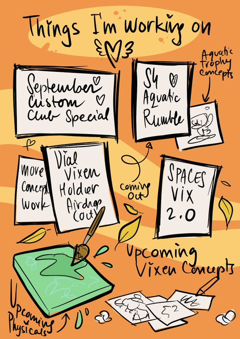 A hand-drawn digital sketch titled 'Things I'm Working on' listing various projects such as 'September Custom Cub Special', 'S4 Aquatic Rumble', 'Dial Vixen Holder Airdrop Coin', and 'SPACES VIX 2.0', with categories for upcoming physicals and vixen concepts.
