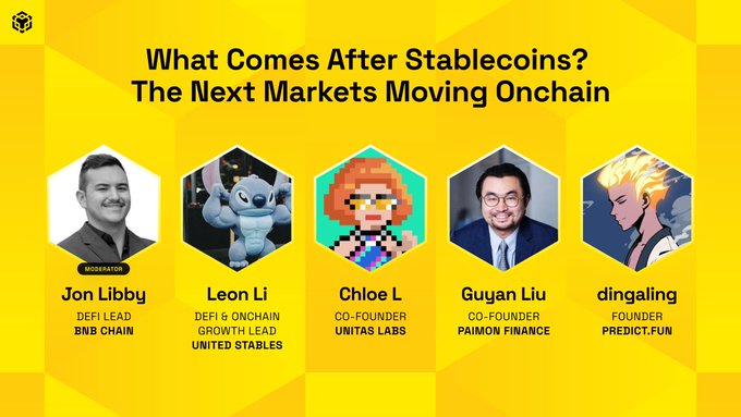 A promotional graphic for a panel titled "What Comes After Stablecoins? The Next Markets Moving Onchain" at #BNBSG, featuring moderator Jon Libby (DeFi Lead, BNB Chain) alongside panelists Leon Li (United Stables), Chloe L (Unitas Labs), Guyan Liu (Paimon Finance), and dingaling (Predict.Fun), each represented with hexagonal photos or avatars. The image visually identifies the speakers mentioned in the accompanying post while highlighting the panel's focus on emerging onchain financial markets beyond stablecoins.