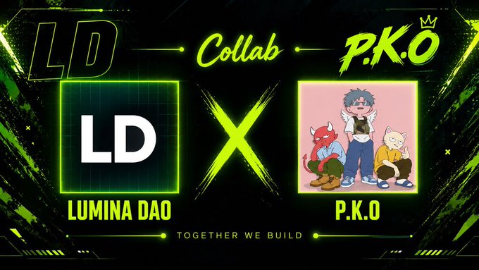 A collaboration announcement graphic featuring 'LD LUMINA DAO' and 'P.K.O' logos with cartoon characters, including a red devil and white cat, and the tagline 'TOGETHER WE BUILD'.