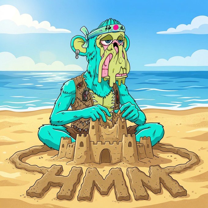 An illustration of a zombie-like version of Squidward Tentacles from SpongeBob SquarePants wearing a headband, building a sandcastle on a beach with 'ZIMZIM' spelled out in sand.
