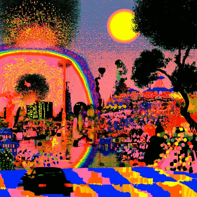 A vibrant, psychedelic digital artwork depicting a surreal amusement park or carnival scene with a bright sun, rainbow arch, silhouetted trees, and a black car in the foreground rendered in saturated pinks, blues, yellows, and oranges.