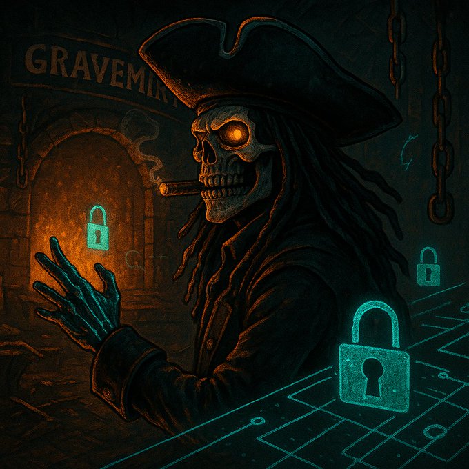 A digital artwork of a skeletal pirate wearing a tricorn hat with glowing orange eyes, holding a cigar, surrounded by floating teal padlock icons in a dark dungeon-like setting.