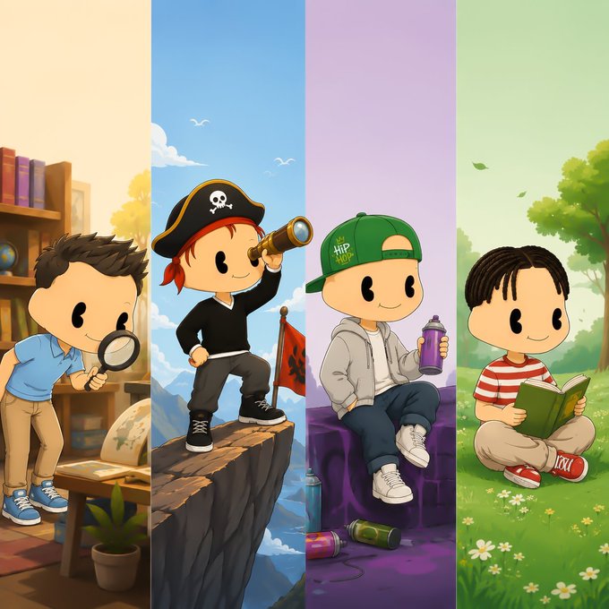 A colorful illustration showing four cartoon boys in different settings—a boy with a magnifying glass exploring books, a pirate on a cliff with a telescope, a kid in a green cap holding a spray can, and a boy reading in a meadow with "HIP" text on the cap. The diverse characters symbolize the variety of NFT community members being targeted by the Mibblesnft giveaway promotion.
