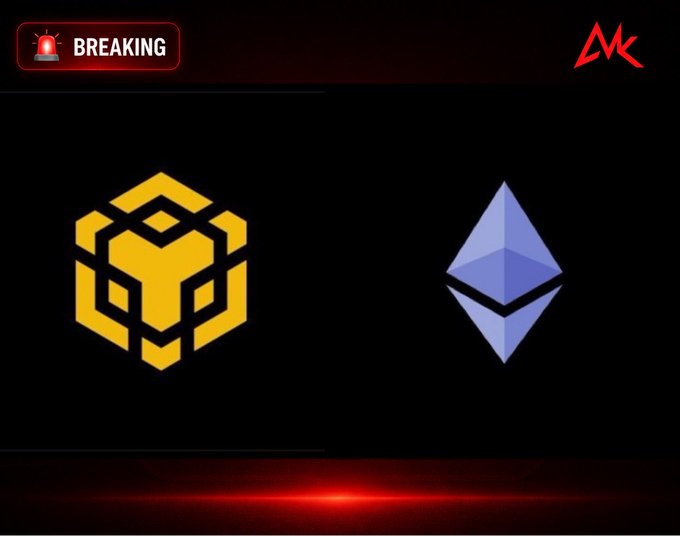 A breaking news graphic featuring a yellow hexagonal BNB logo and a blue Ethereum logo side by side on a black background.
